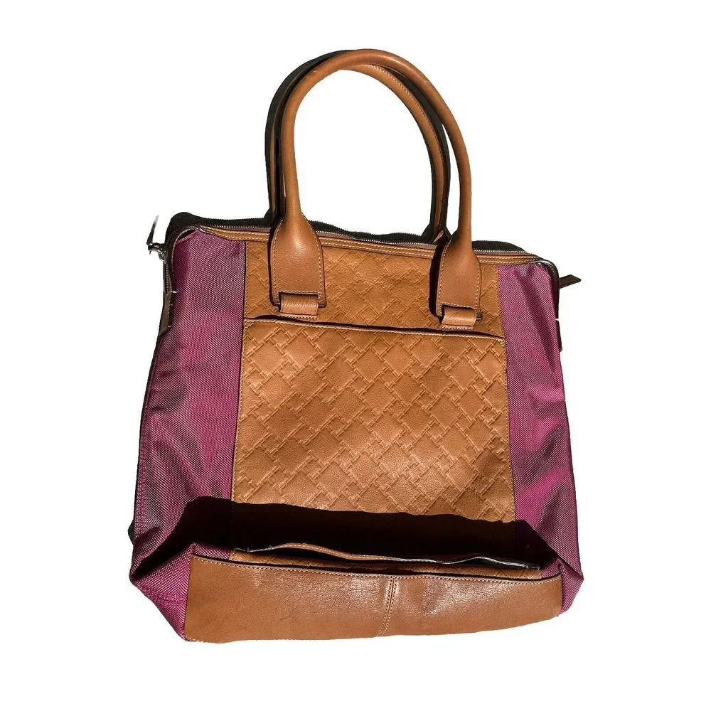 Tumi Tote Bag Tan Embossed Leather Purple Nylon Monogram Travel‎ Work Bag